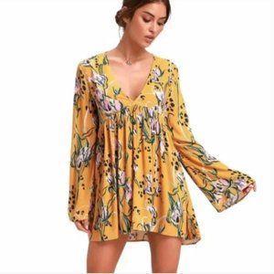 Free People Bella Tunic Golden Yellow Pink Floral Large